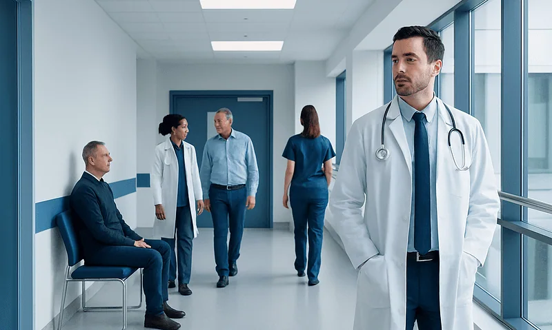 Doctors and a patient in a hospital corridor with a doctor in the foreground.
