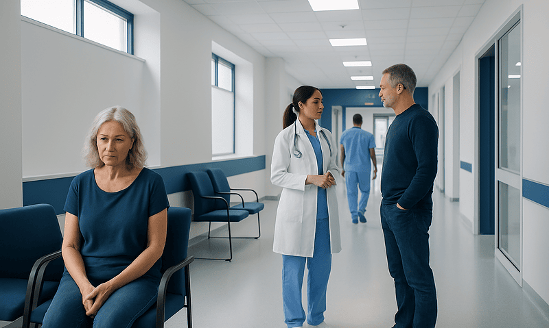Doctor consulting with a male patient in a hospital corridor.