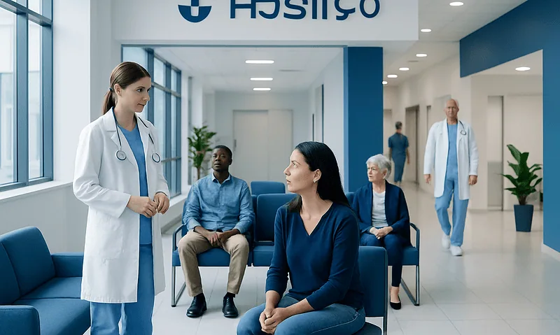 Healthcare professionals and patients in a modern hospital waiting area.