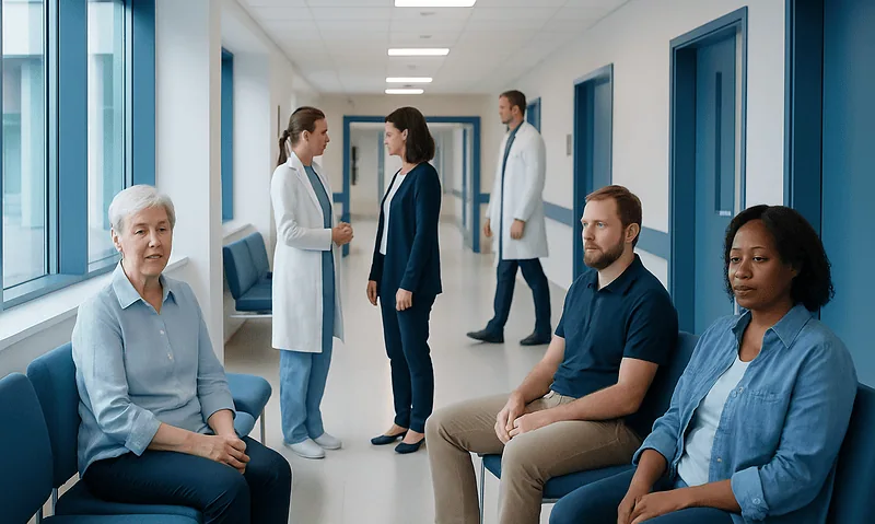 Patients and healthcare professionals in a hospital corridor.