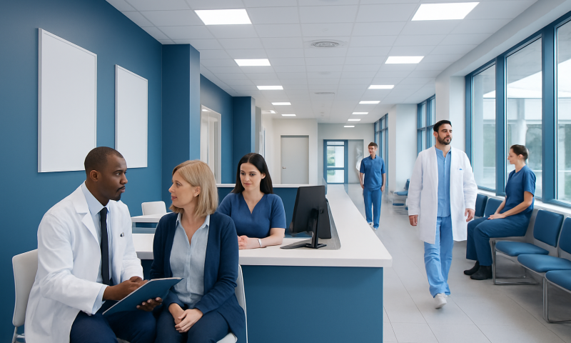 Medical professionals consulting in a modern hospital corridor.