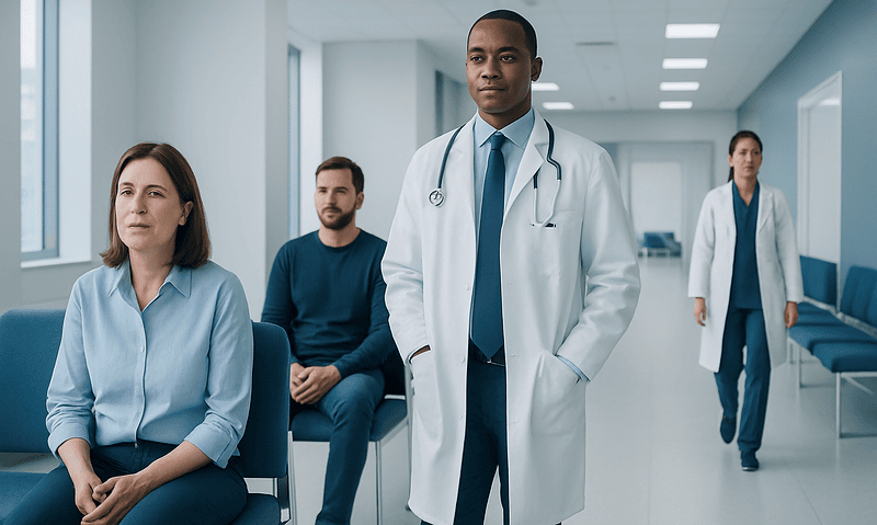Medical team in hospital waiting area with doctor and patients.
