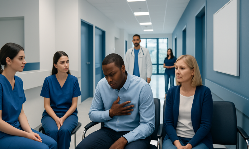 Patient experiencing chest pain in a hospital waiting area with medical staff nearby.