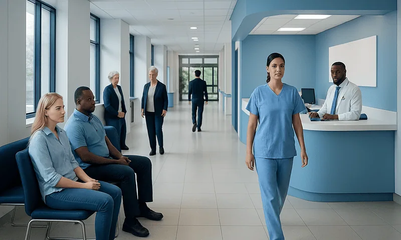 Hospital waiting area with patients and medical staff.