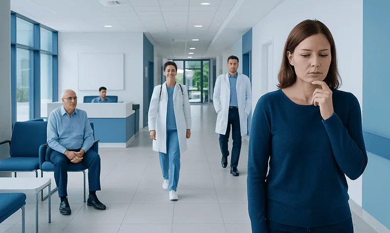 Woman with a metallic taste feeling in a hospital corridor with medical staff nearby.