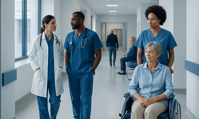 Medical team consulting with elderly patient in hospital corridor.