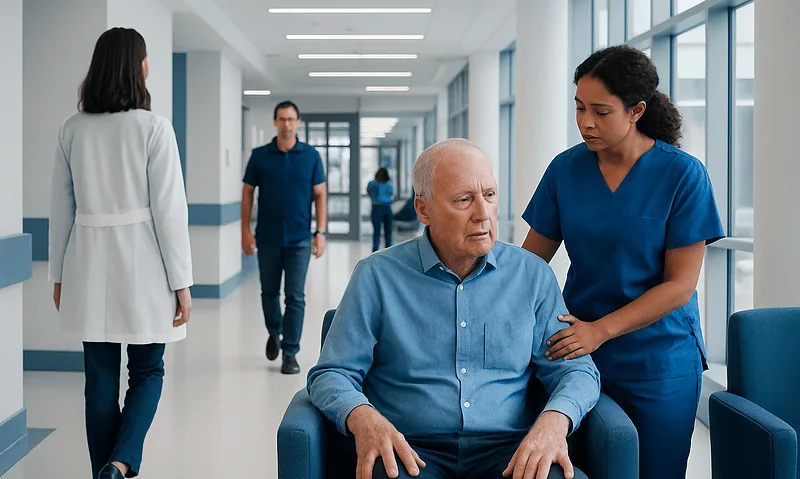 Elderly man in hospital with nurse providing care in a modern corridor.