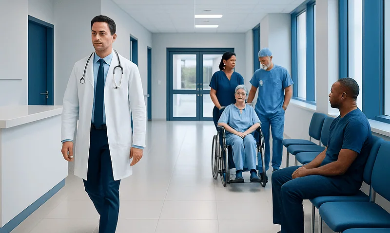 Medical team with patient in hospital corridor at Acibadem Hospitals Group.