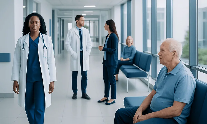 Medical team consulting with patient in hospital corridor.