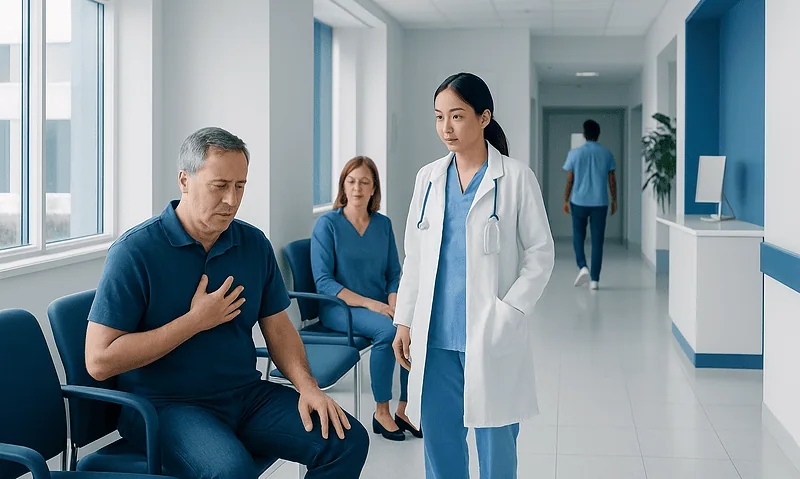 Patient experiencing chest pain in hospital waiting area with medical staff nearby.