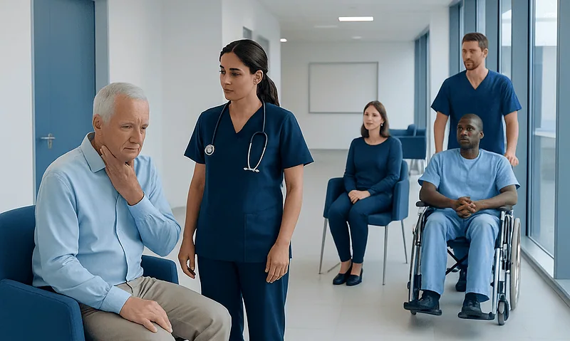 Healthcare professionals examining a patient in a hospital corridor.