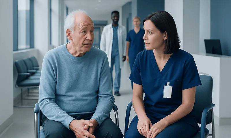 Elderly man and nurse having a conversation in hospital corridor.