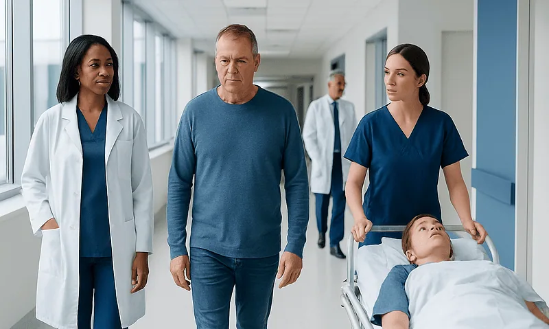 Medical team and patient in hospital corridor, emphasizing emergency stroke care.