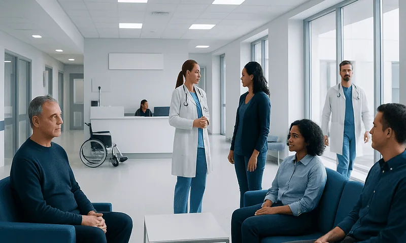 Medical team discussing patient care in hospital corridor.