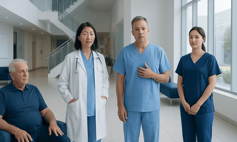 Medical team discussing patient care in hospital corridor.