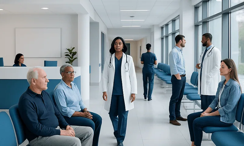 Medical professionals and patients in a hospital corridor.