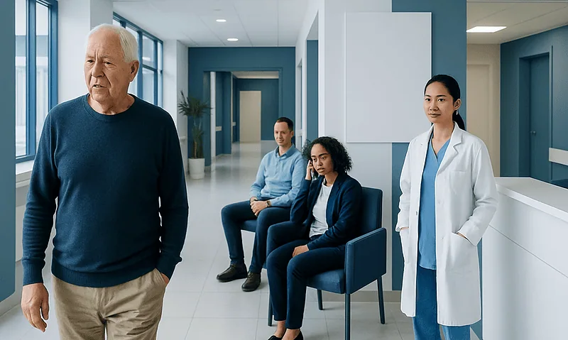 Elderly man waiting in hospital corridor with medical staff and patients nearby.