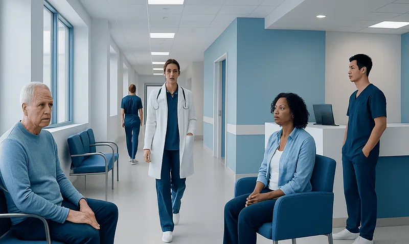 Medical staff and patient in hospital corridor, healthcare setting.