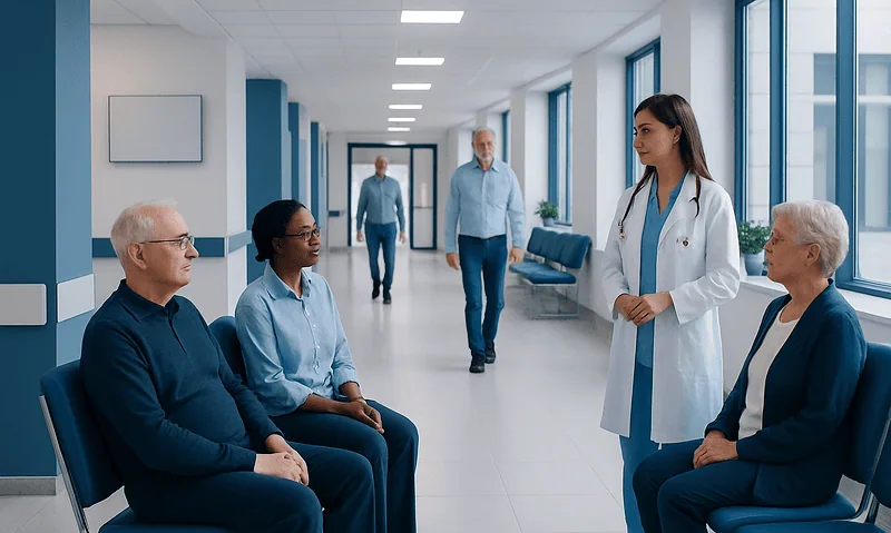 Doctor consulting elderly patients in hospital corridor.