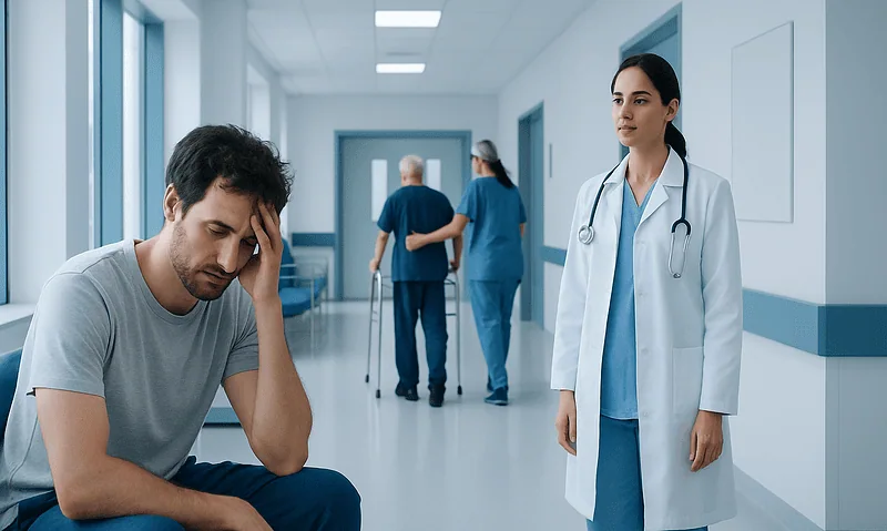 Young man experiencing headache in hospital corridor with medical staff nearby.