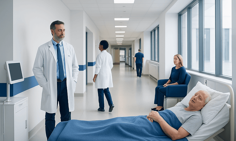 Hospital corridor with doctors and a patient in bed, bright and modern setting.