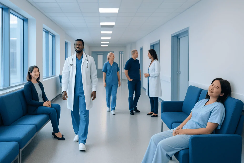 REM Sleep Behavior Disorder: Could Acting Out Dreams Signal a Brain Disorder? 1 Healthcare professionals and patients in a hospital corridor.