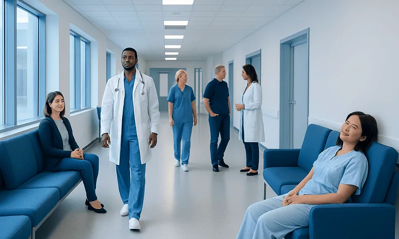 Healthcare professionals and patients in a hospital corridor.