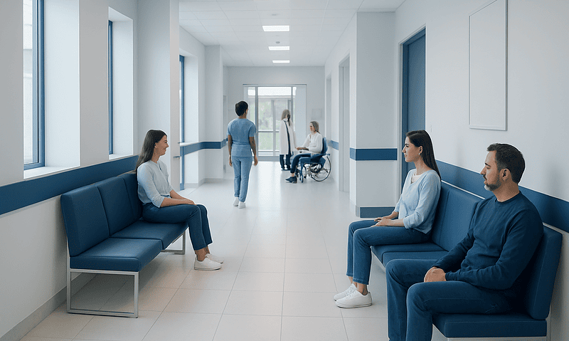 Hospital corridor with patients and staff in a modern healthcare facility.