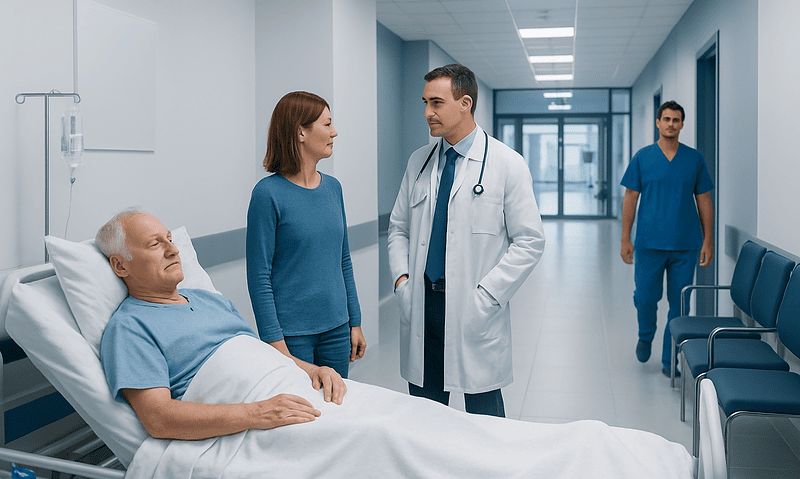 Hospital room with patient, doctor, and nurse in a medical facility.
