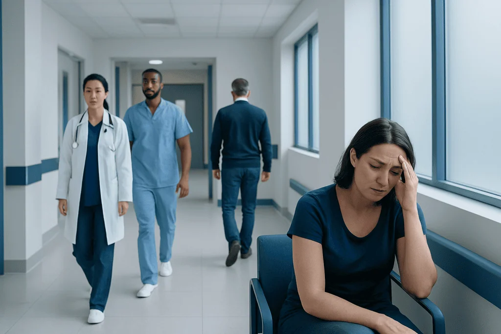 Chronic Nightmares in Adults: When Repeated Bad Dreams Need Neurological Evaluation 1 Worried woman in hospital corridor with medical staff nearby.