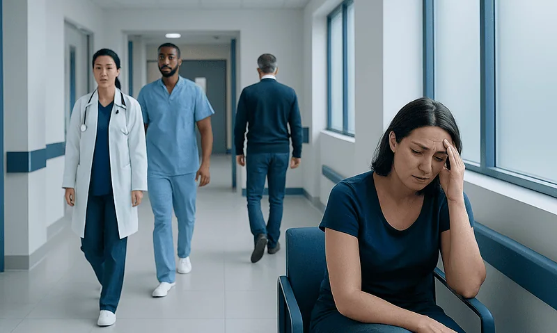 Worried woman in hospital corridor with medical staff nearby.