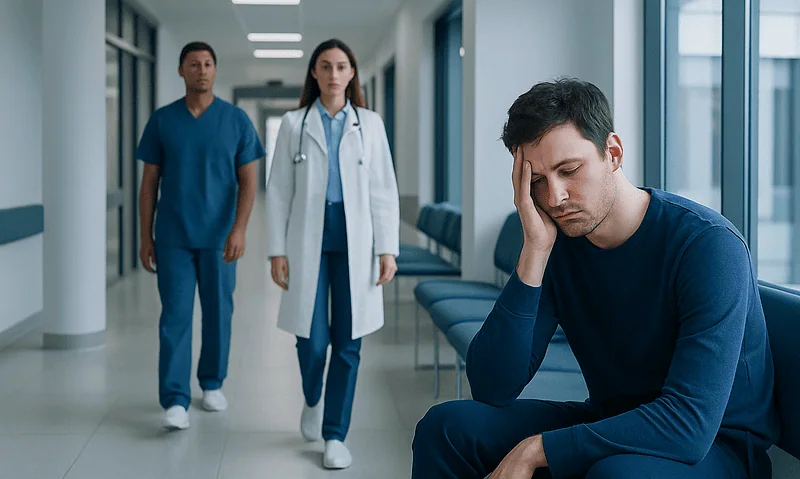 Young man with headache in hospital corridor with medical staff nearby.