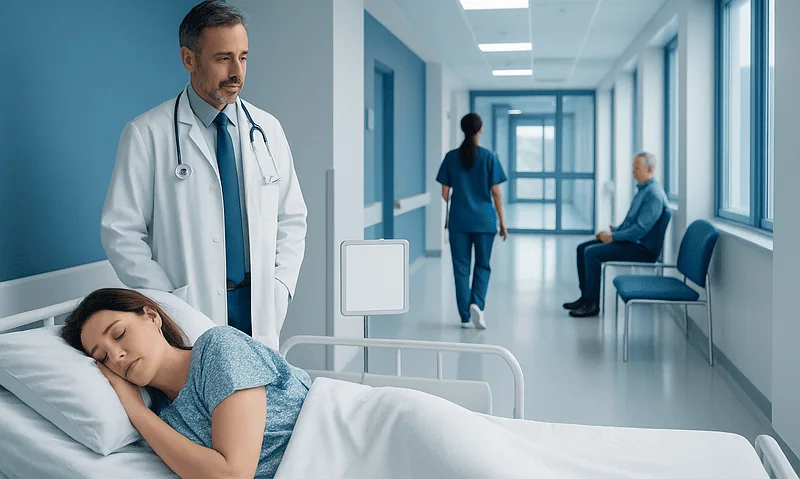 Hospital room with a sleeping patient, doctor, and staff in a modern medical facility.