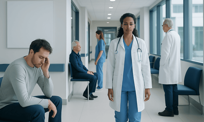 Medical staff and patients in a hospital corridor at Acibadem Hospitals Group.