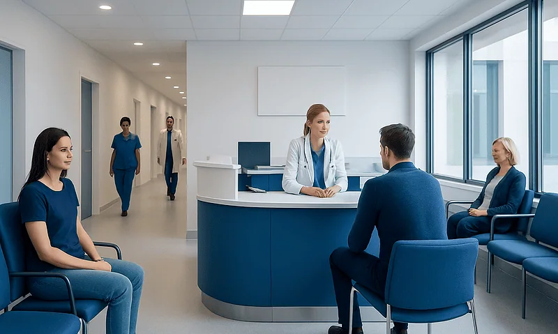 Patients and doctor in a modern sleep clinic consultation room.