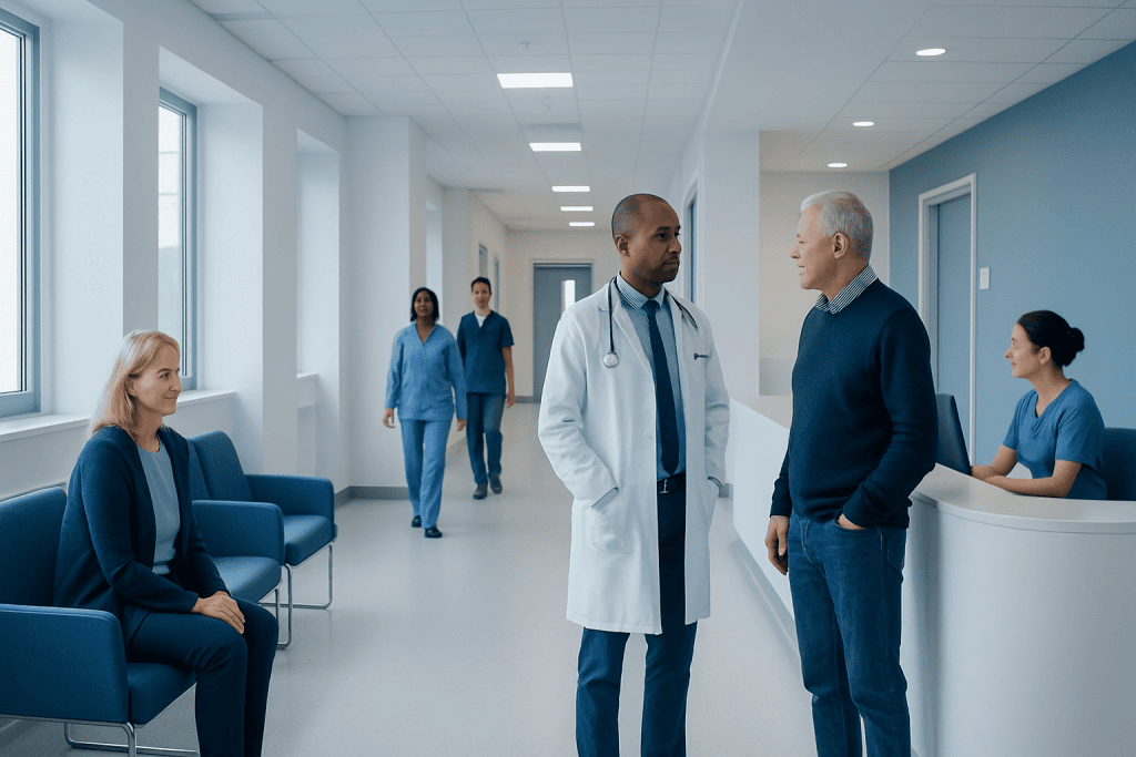 Neurological Sleep Problems: Treatment Options and Self-Care That May Help 1 Medical professionals and patients in a hospital corridor.