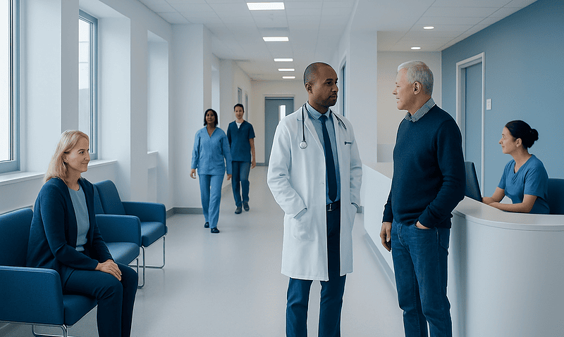 Medical professionals and patients in a hospital corridor.