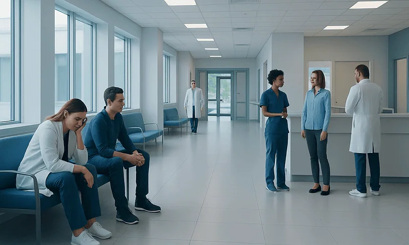 Patients waiting and medical staff in a hospital corridor at Acibadem Hospitals Group.
