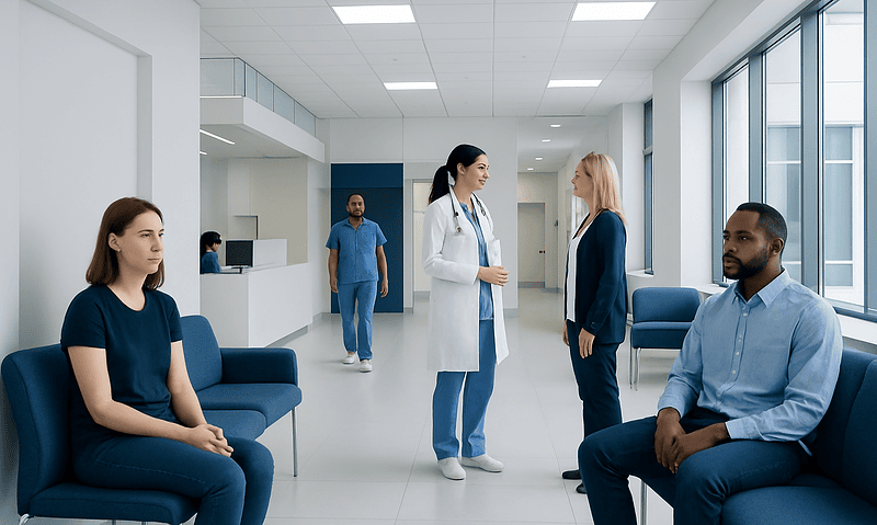 Patients waiting in a modern hospital corridor with medical staff consulting.