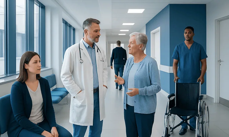 Doctor consulting elderly patient in hospital corridor with staff and wheelchair nearby.