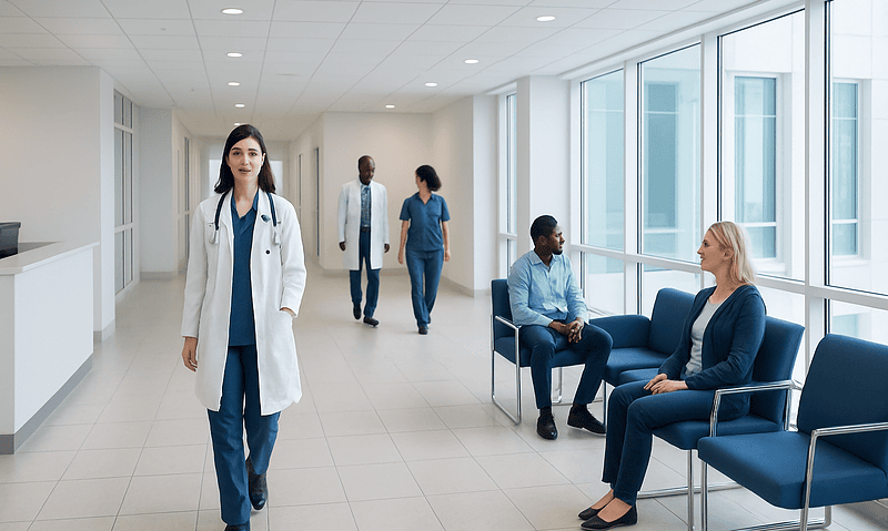 Medical professionals and patients in a modern hospital corridor.