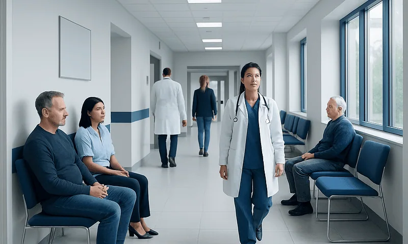 Medical staff and patients in a hospital corridor.