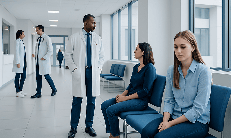 Medical professionals and patients in a hospital corridor at Acibadem Hospitals Group.