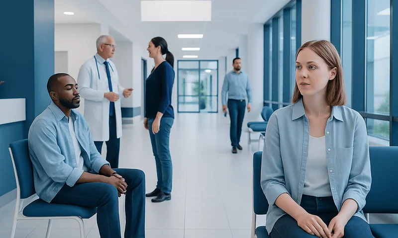 Patients waiting in a hospital corridor with medical staff consulting in the background.