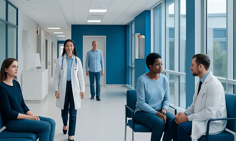Medical consultation in a modern hospital corridor with diverse patients and staff.