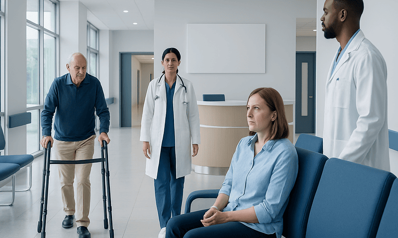 Medical consultation with a patient and healthcare professionals in a hospital.