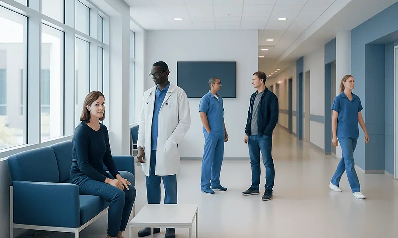 Medical professionals and patient in a modern hospital corridor.