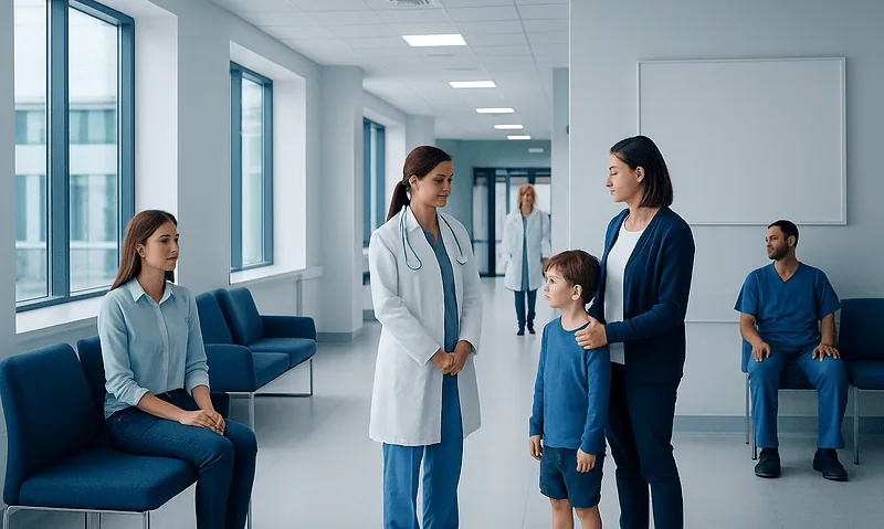 Doctor talking to young patient and parent in hospital corridor.