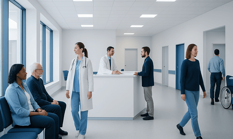 Modern hospital reception area with staff and patients.
