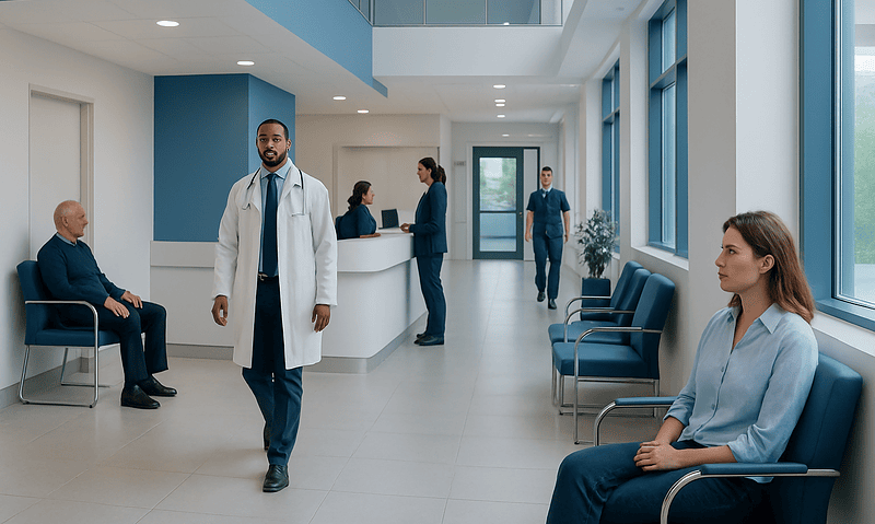 Modern hospital waiting area with patients and medical staff.